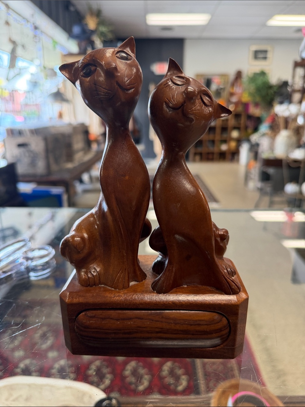 MCM Hand-Carved Siamese Cat Trinket Box with drawer